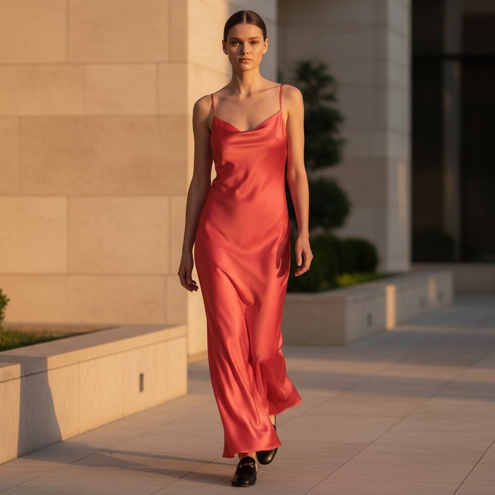 Satin Cowl Neck Midi Slip Dress in Coral Pink